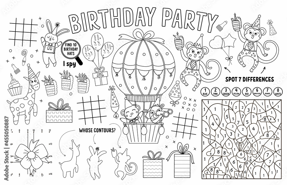 Vector Happy Birthday placemat for kids. Holiday party printable activity mat with maze, tic tac toe charts, connect the dots, find difference. Black and white play mat or coloring page.