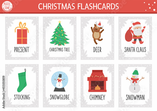 Vector Christmas flash cards set. English language game with cute Santa Claus, Christmas tree, snowman for kids. Holiday winter party flashcards. Simple educational printable worksheet..