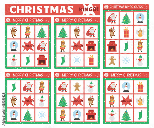 Vector Christmas bingo cards set. Fun family lotto board game with cute Santa Claus, Christmas tree, snowman for kids. Holiday winter party lottery activity. Simple educational printable worksheet.