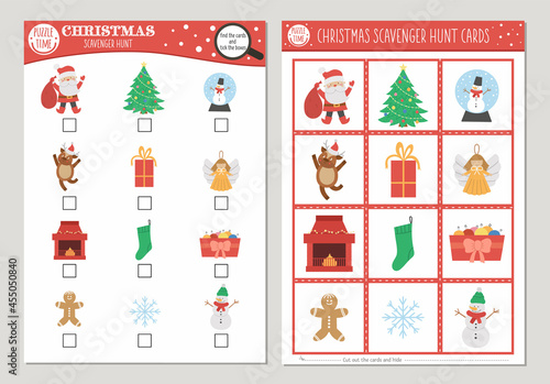 Vector Christmas scavenger hunt cards set. Seek and find game with cute Santa Claus, Christmas tree, snowman for kids. Winter holiday searching activity. Simple educational printable worksheet.. photo
