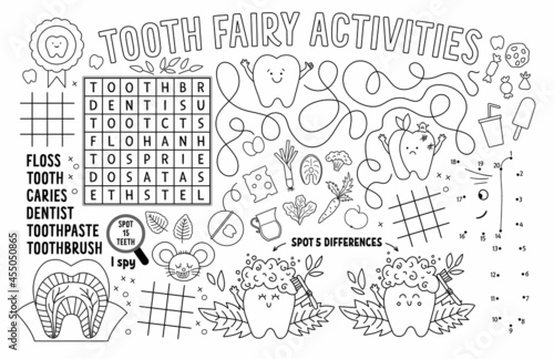 Vector Tooth Fairy placemat for kids. Mouth care printable activity mat with maze, tic tac toe charts, connect the dots, find difference. Black and white dental play mat or coloring page.