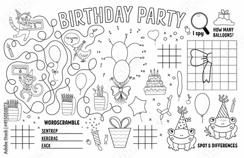Vector Happy Birthday placemat for kids. Holiday party printable activity mat with maze, tic tac toe charts, connect the dots, find difference. Black and white play mat or coloring page.