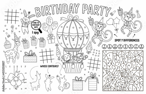 Vector Happy Birthday placemat for kids. Holiday party printable activity mat with maze, tic tac toe charts, connect the dots, find difference. Black and white play mat or coloring page.