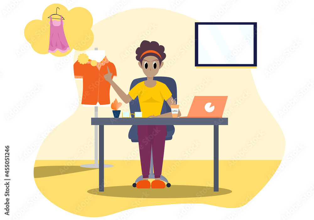 Concept lifestyle quarantine, blogger, Relax. Dark skinned woman looking at fashion clothes from the computer screen. Vector flat style. Illustration for holiday, stay home, influences, free, shop