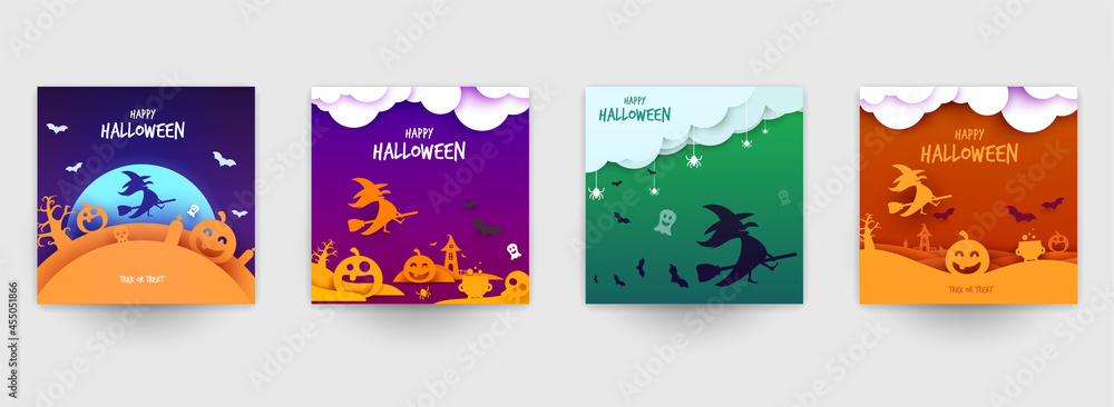 Happy halloween design background. Holiday collection cartoon composition in minimalistic modern layer style. Set templates for banner, poster, flyer, invitation card. Vector illustration.