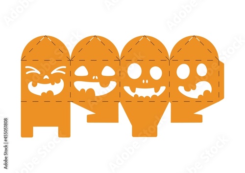 Halloween treat box with scary pumpkins. Jack-o-lantern facial gift party packaging for sweets, candies, small present, bakery. Simple package die cut template for laser cut. Vector stock illustration
