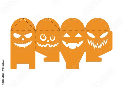 Halloween treat box with scary pumpkins. Jack-o-lantern facial gift party packaging for sweets, candies, small present, bakery. Simple package die cut template for laser cut. Vector stock illustration