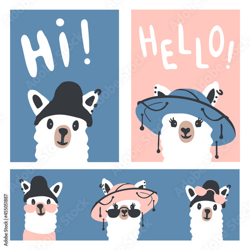 Set of vector cartoon illustrations with cute llamas with the text: Hi, Hello. For children's design, textile, print, poster, banner, greetings, postcard, notepad, scrapbook. Editable elements.