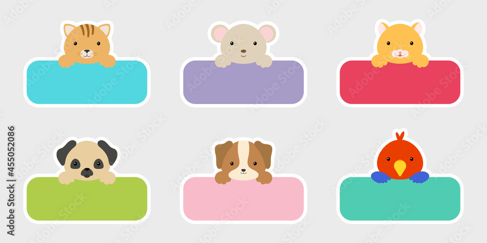 Sticky labels set for baby name. Cute cartoon animals shaped notepads, memo pad, flag markers for office school, scrapbooking, print, cards, baby shower, invitation, decor. Vector stock illustration.
