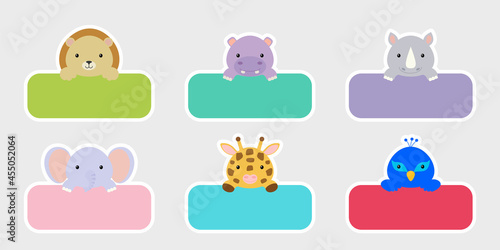 Sticky labels set for baby name. Cute cartoon animals shaped notepads, memo pad, flag markers for office school, scrapbooking, print, cards, baby shower, invitation, decor. Vector stock illustration.