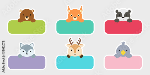 Sticky labels set for baby name. Cute cartoon animals shaped notepads, memo pad, flag markers for office school, scrapbooking, print, cards, baby shower, invitation, decor. Vector stock illustration.
