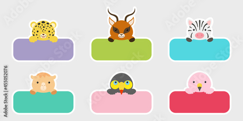 Sticky labels set for baby name. Cute cartoon animals shaped notepads, memo pad, flag markers for office school, scrapbooking, print, cards, baby shower, invitation, decor. Vector stock illustration.