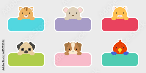 Fototapeta Naklejka Na Ścianę i Meble -  Sticky labels set for baby name. Cute cartoon animals shaped notepads, memo pad, flag markers for office school, scrapbooking, print, cards, baby shower, invitation, decor. Vector stock illustration.
