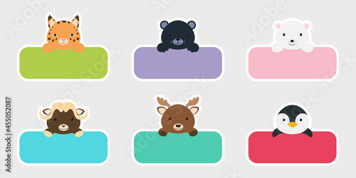 Sticky labels set for baby name. Cute cartoon animals shaped notepads, memo pad, flag markers for office school, scrapbooking, print, cards, baby shower, invitation, decor. Vector stock illustration.