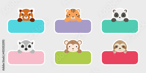 Fototapeta Naklejka Na Ścianę i Meble -  Sticky labels set for baby name. Cute cartoon animals shaped notepads, memo pad, flag markers for office school, scrapbooking, print, cards, baby shower, invitation, decor. Vector stock illustration.