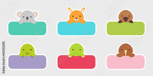 Sticky labels set for baby name. Cute cartoon animals shaped notepads, memo pad, flag markers for office school, scrapbooking, print, cards, baby shower, invitation, decor. Vector stock illustration.