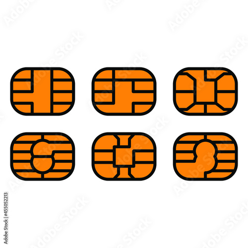EMV chip icon for bank plastic credit or debit charge card. Vector line symbol illustration set. Simple style and isolated on a blank background.