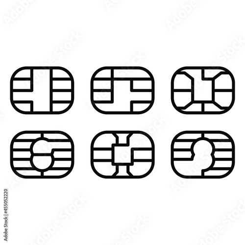 EMV chip icon for bank plastic credit or debit charge card. Vector line symbol illustration set. Simple style and isolated on a blank background.