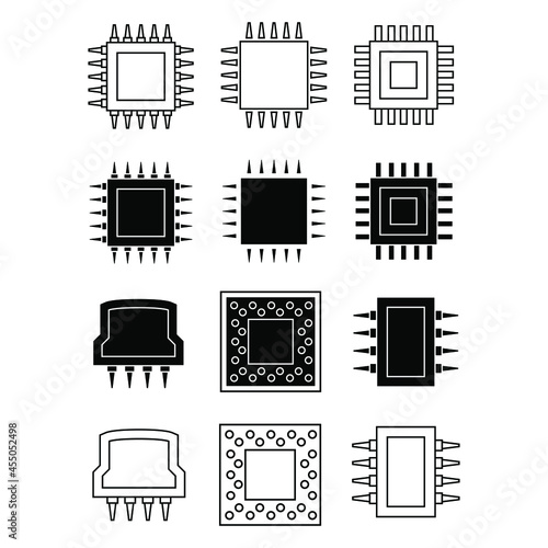 Vector Icon of computer chips. The processor has the inscription: CPU, chip, micro-chip, processor. Isolated on a blank, editable and changeable background.
