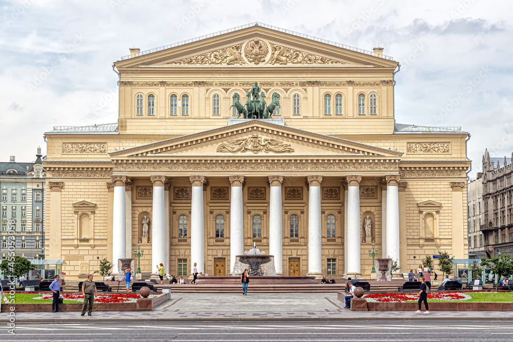 Facade with pediment and colonnade of the Bolshoi Theater in Moscow