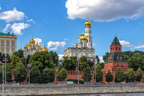 Kremlin wall and golden domes of churches on Sobornaya Square photo