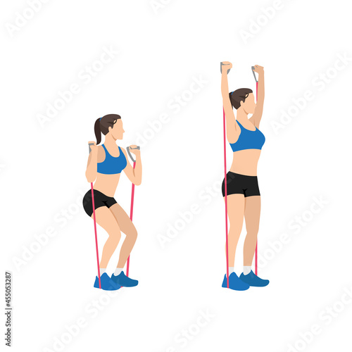 Woman doing Resistance band Squat and overhead press exercise. Flat vector illustration isolated on white background