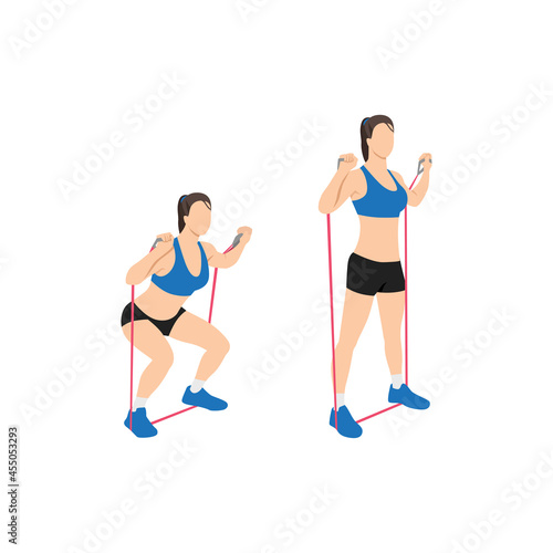 Woman doing Resistance band squat exercise. Flat vector illustration isolated on white background