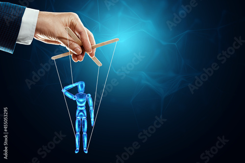 puppet puppet salute ruled by a big hand, army. Addiction concept, slave, controlled person, tedious employee, clerk, office plankton.