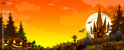 Landscape with pumpkins, castle and bats Halloween. Pumpkins and a scarecrow against the background of a forest, a castle, and a sky with clouds. Grass. Cemetery with monuments. Bats in the sky