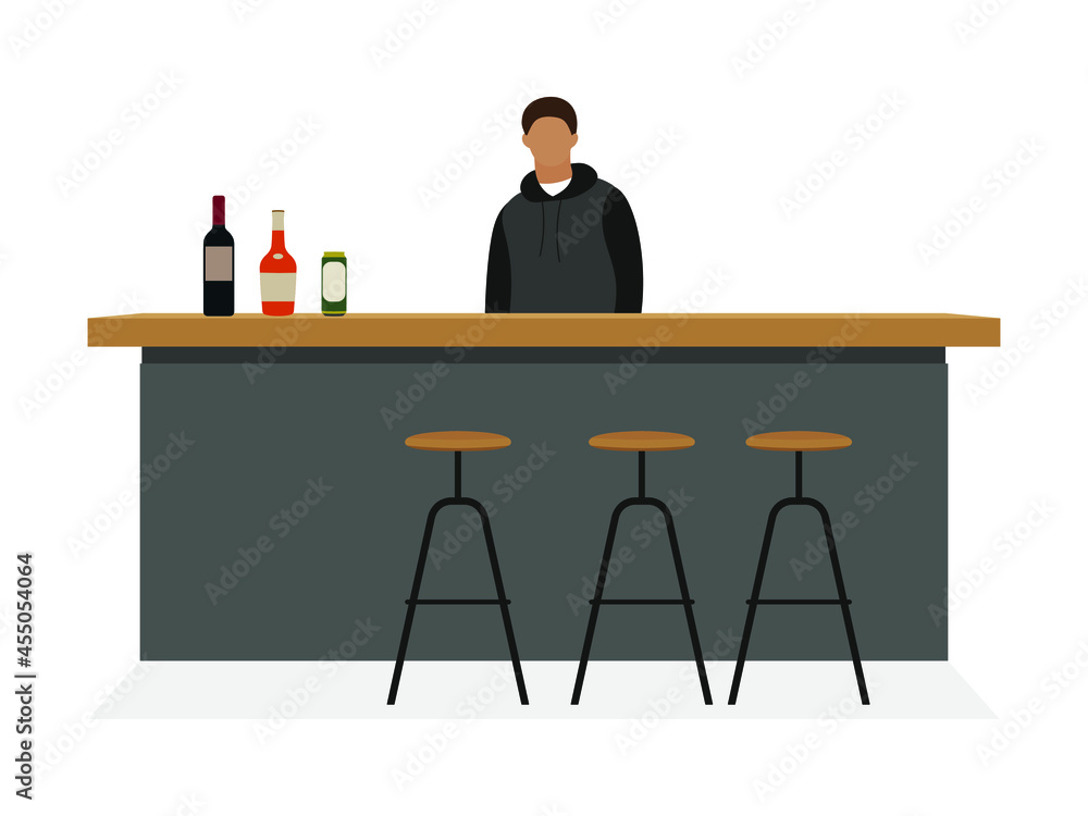 Male character stands at a bar table with bottles of alcohol Male character stands at a bar table with bottles of alcohol