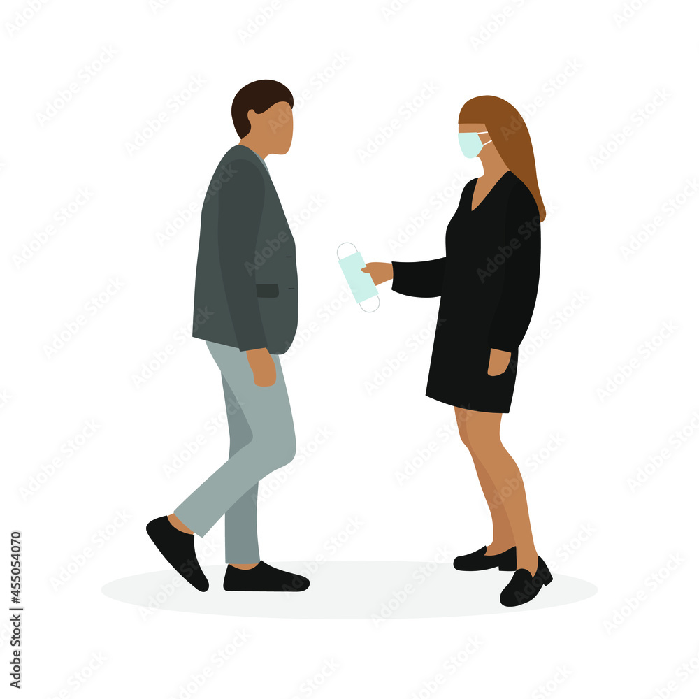 Female character in medical mask giving medical mask to male character on white background