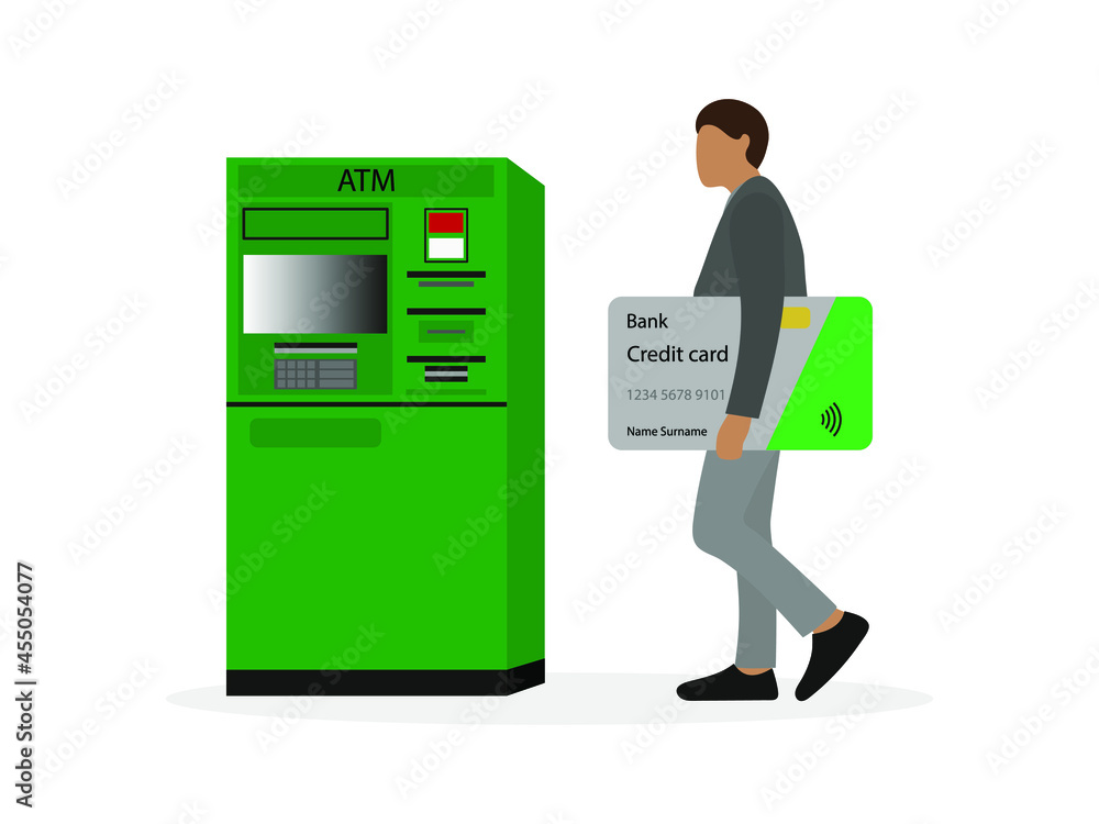 Male character with a huge credit card in his hand stands near an ATM on a white background Male character with a huge credit card in his hand stands near an ATM on a white background