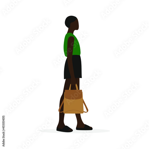Black female character with a backpack in hand stands on a white background