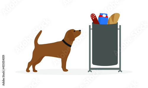 Dog sniffing trash can with products on white background