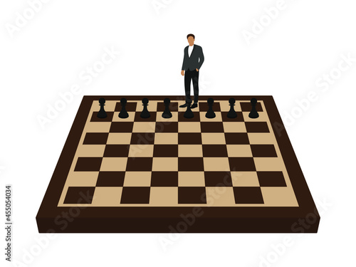 Male character in the place of the king and eight pawns on a chessboard on a white background