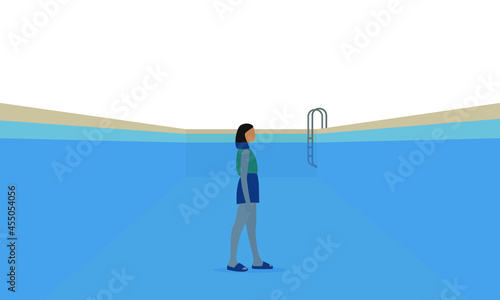 Female character in clothes stands in a pool full of water