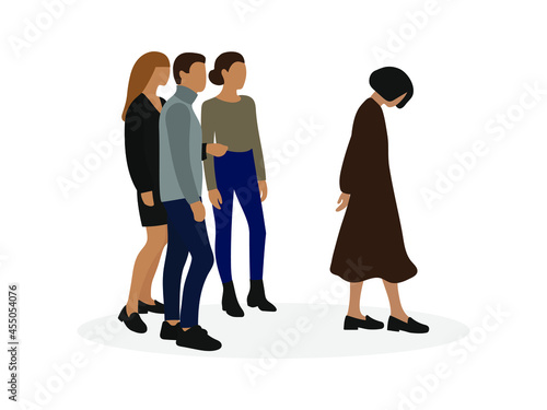 Male and female characters looking after leaving sad female character on white background