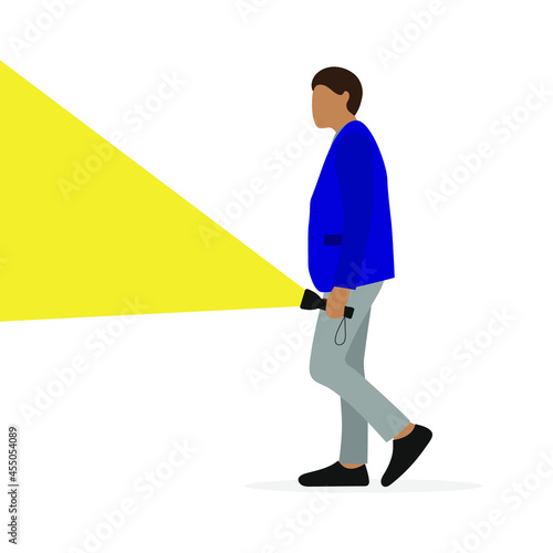 Male character with a flashlight on in his hand stands on a white background