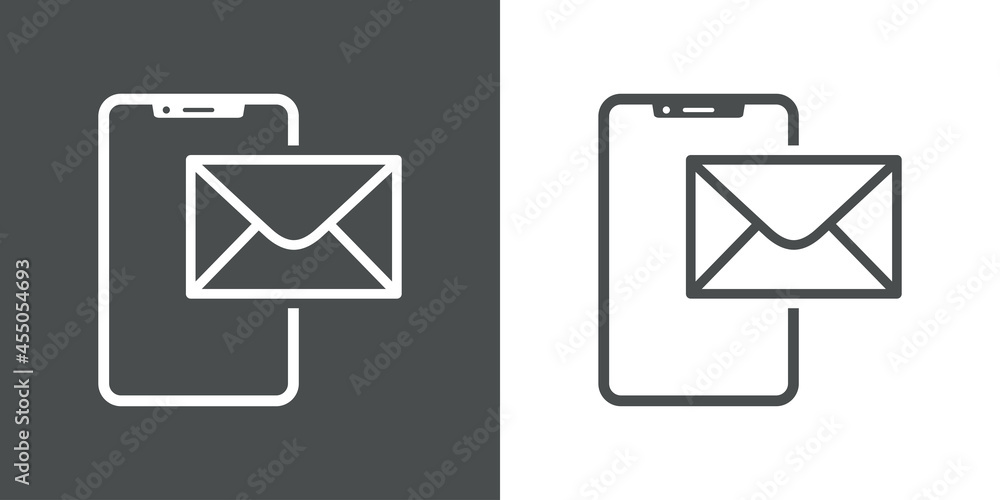 Icono silueta de smartphone con correo electrónico con lineas en fondo gris y fondo blanco Icono silueta de smartphone con correo electrónico con lineas en fondo gris y fondo blanco