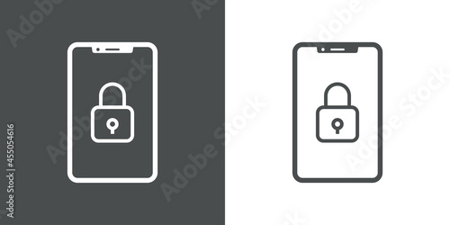 Icono silueta de smartphone con candado cerrado con lineas en fondo gris y fondo blanco
