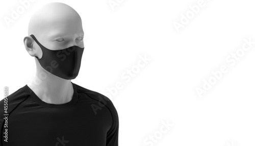 Man with a trendy, black protective face mask, standing on a white background. Closeup shot of a person, with a virus protection mask on his face. Healthcare banner 3D design. 