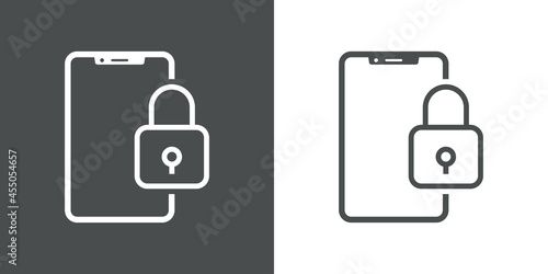 Icono silueta de smartphone con candado con lineas en fondo gris y fondo blanco