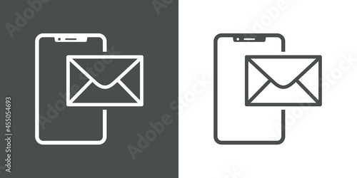 Icono silueta de smartphone con correo electrónico con lineas en fondo gris y fondo blanco