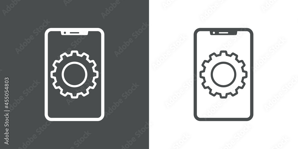 Icono silueta de smartphone con engranaje con lineas en fondo gris y fondo blanco