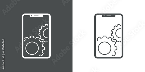 Icono silueta de smartphone con 2 engranajes con lineas en fondo gris y fondo blanco