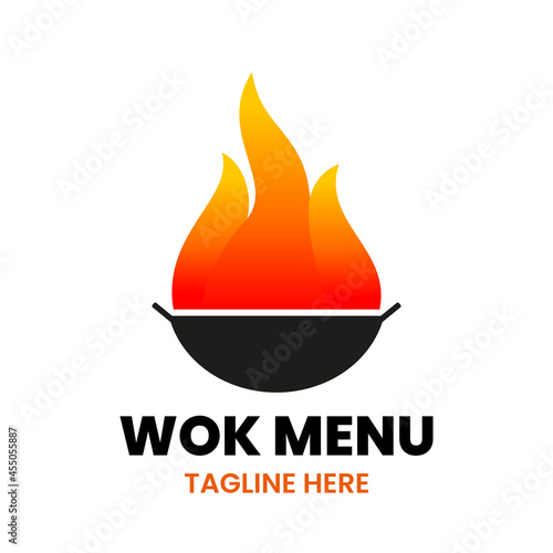 Wok Menu logo design template. Abstract wok pan and fire. Stock vector illustration.