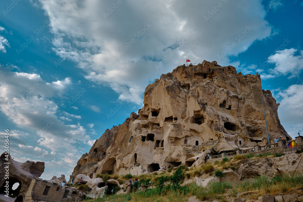 Panoramic view near Uchisar, Cappadocia with magnificent geological natural with blue sky