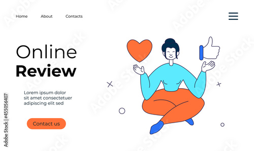 Online review concept landing page. Customer feedback on website. Heart and hand icon feedback with happy young woman. Thumb up. Landing page, mobile app, site. Vector illustration concept.