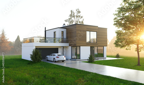 Modernes Einfamilienhaus/Villa mit Auto und Garage photo