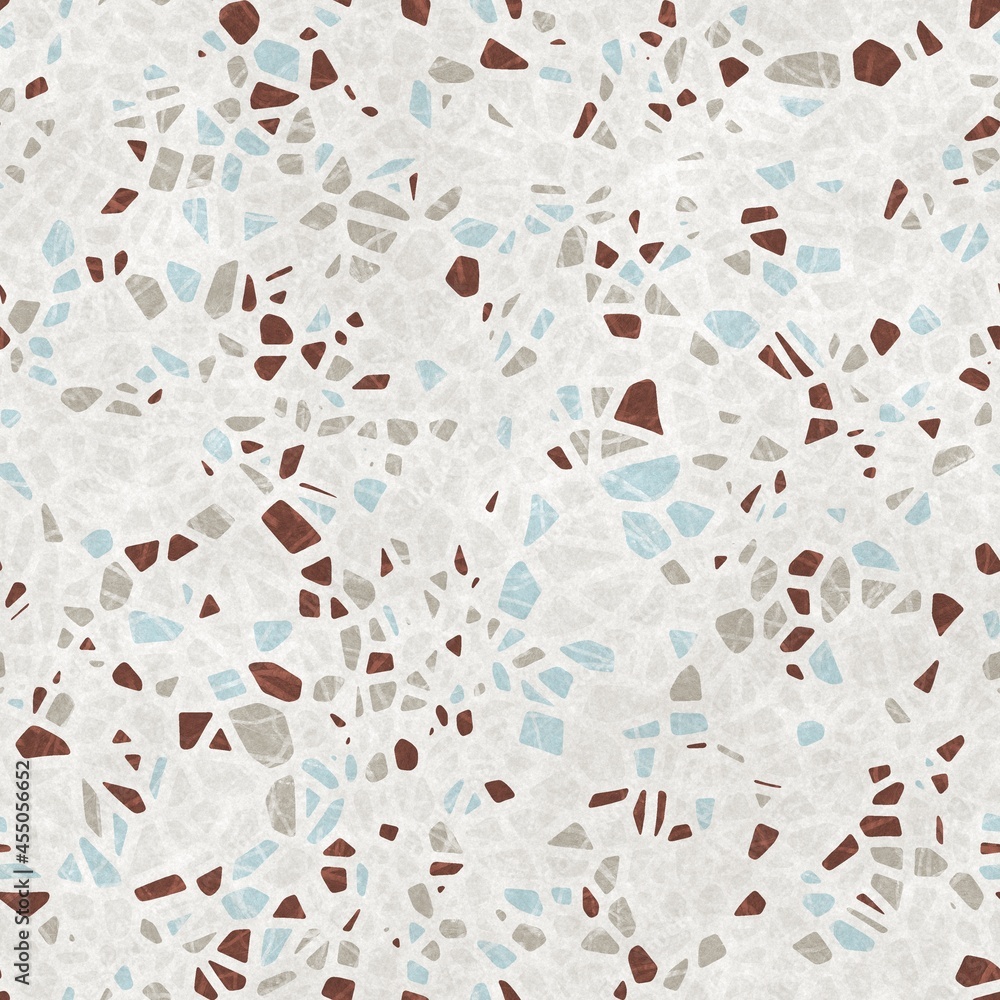 Naklejka premium Seamless terrazzo pattern for surface design and print. High quality confetti illustration. Trendy rock and mineral composite mosaic composition in repeat. Textile print in light colors.